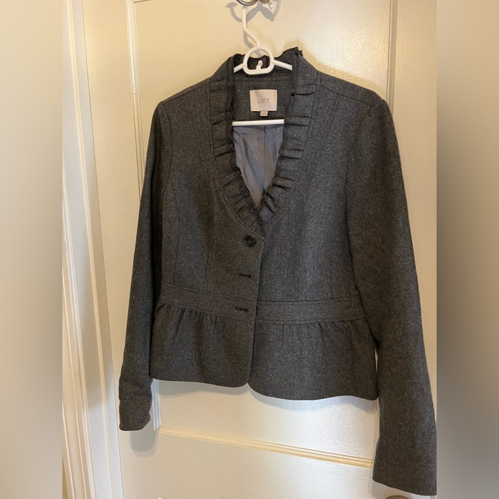 LOFT Charcoal Blazer with Ruffle Trim